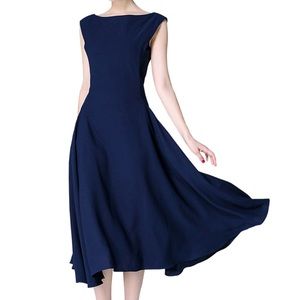 Navy Blue Solid Color Cinched Waist Midi Dress
